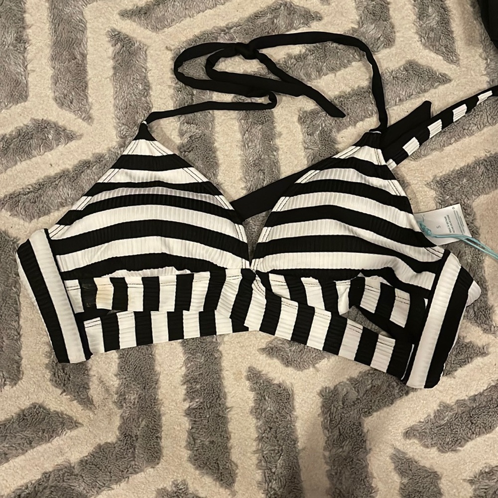 Kona Sol swimsuit black and white striped cross cross top size small